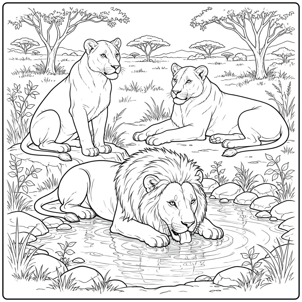 Three adult lions relax around a pool in a peaceful lion pride coloring page