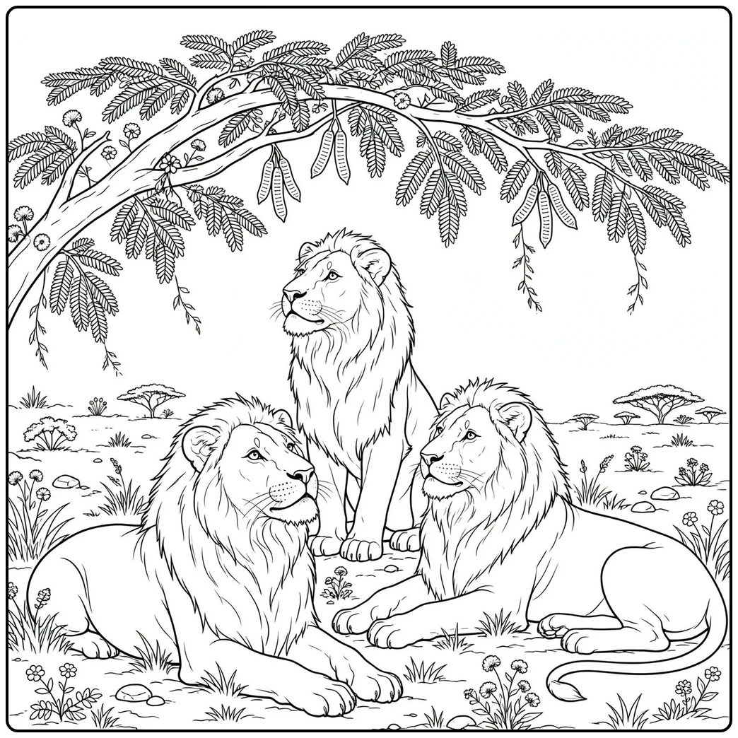 Three male lions rest beneath a broad leafy tree in a lion coloring page