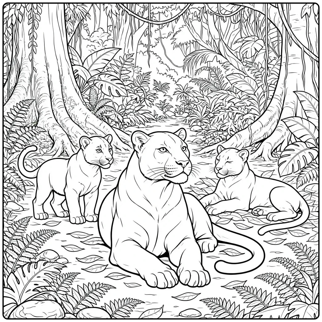 Three panthers resting together in a shaded jungle clearing with towering trees