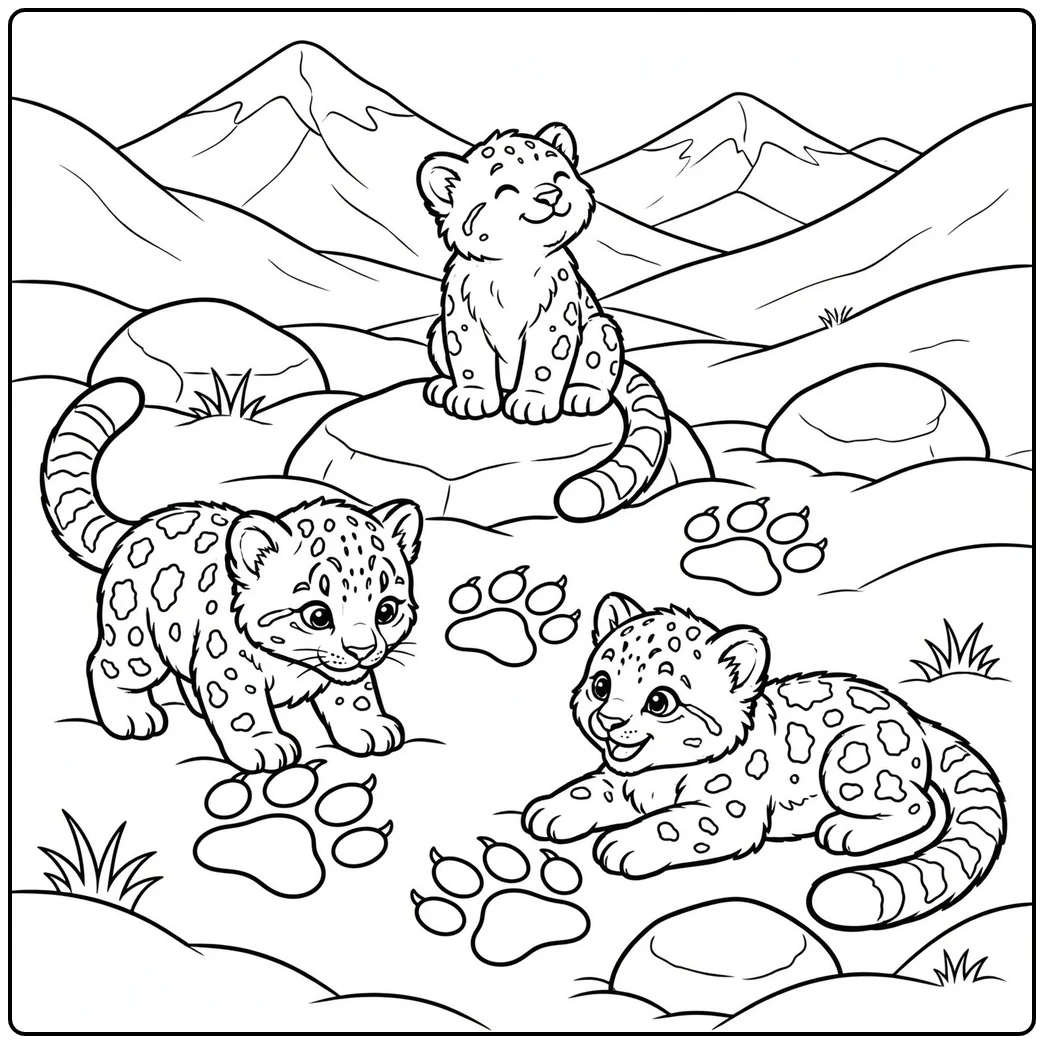 Three spotted snow leopard cubs exploring large paw prints on a mountain trail