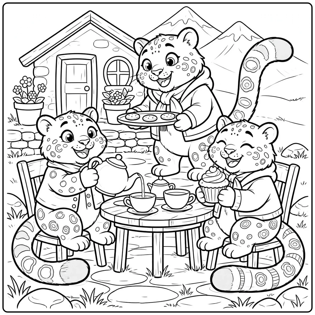 Three dressed snow leopards enjoying tea and cupcakes outside a mountain cottage