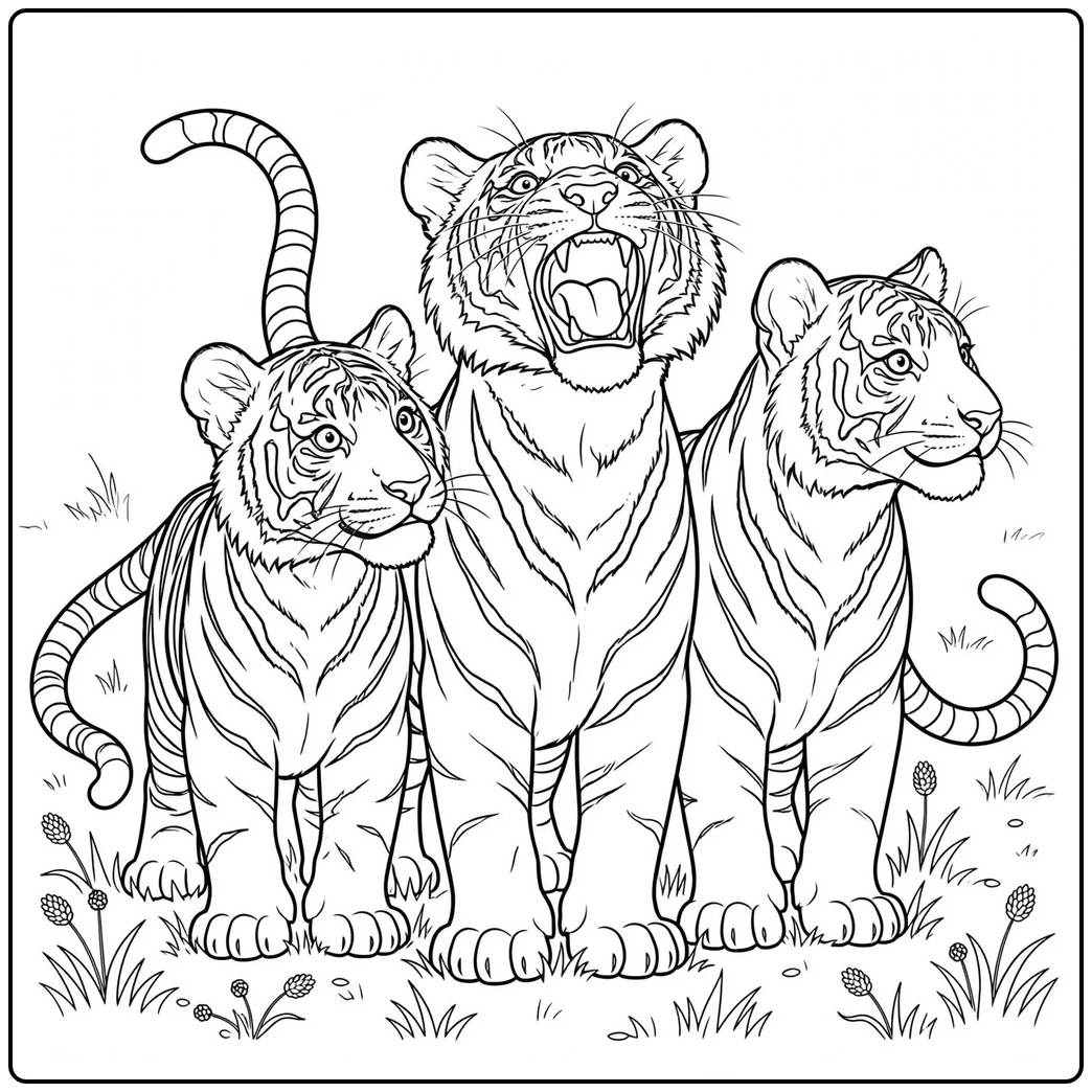 Three young tigers in a realistic tiger coloring page with one calling upward