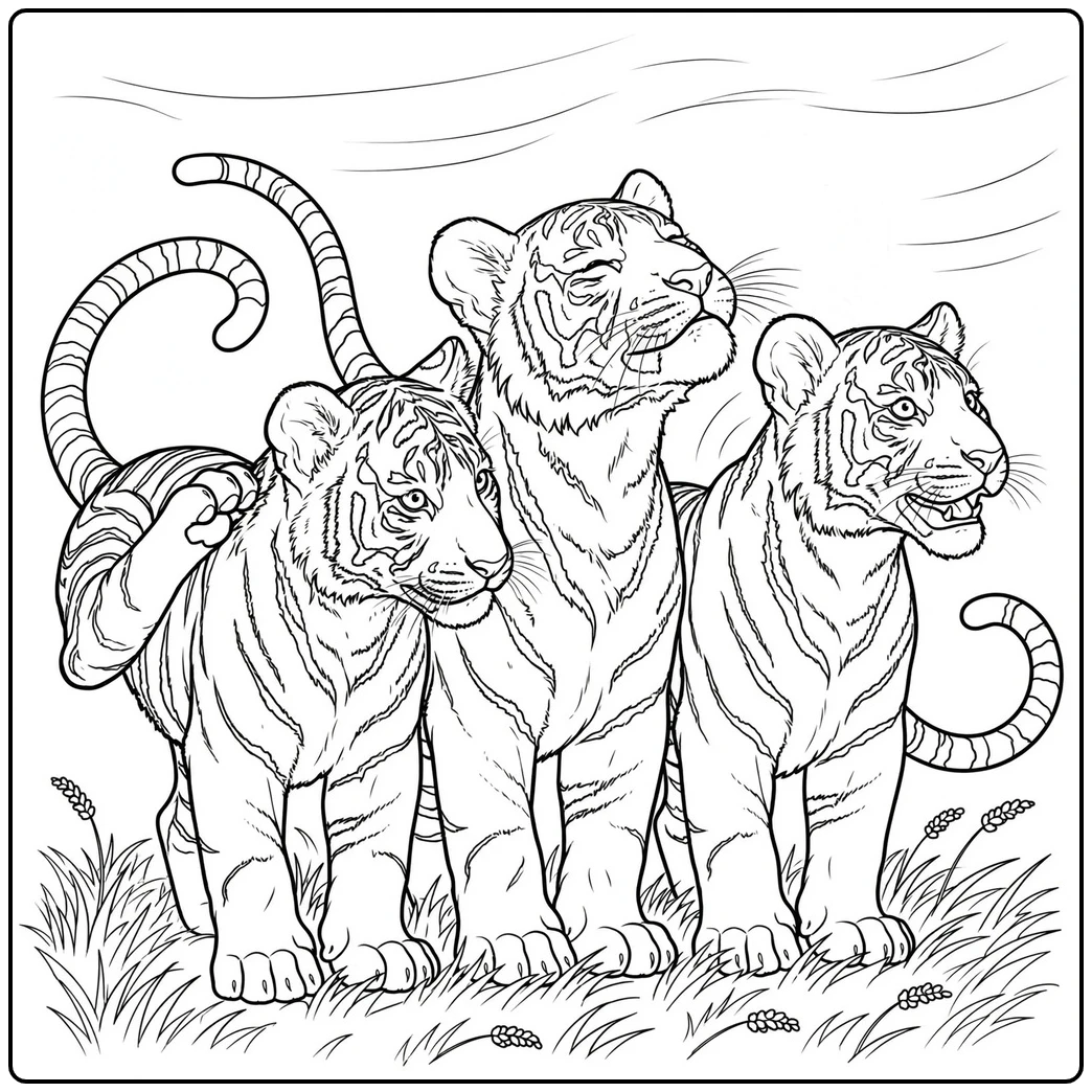 Three young tigers standing in grass with varied alert and playful expressions