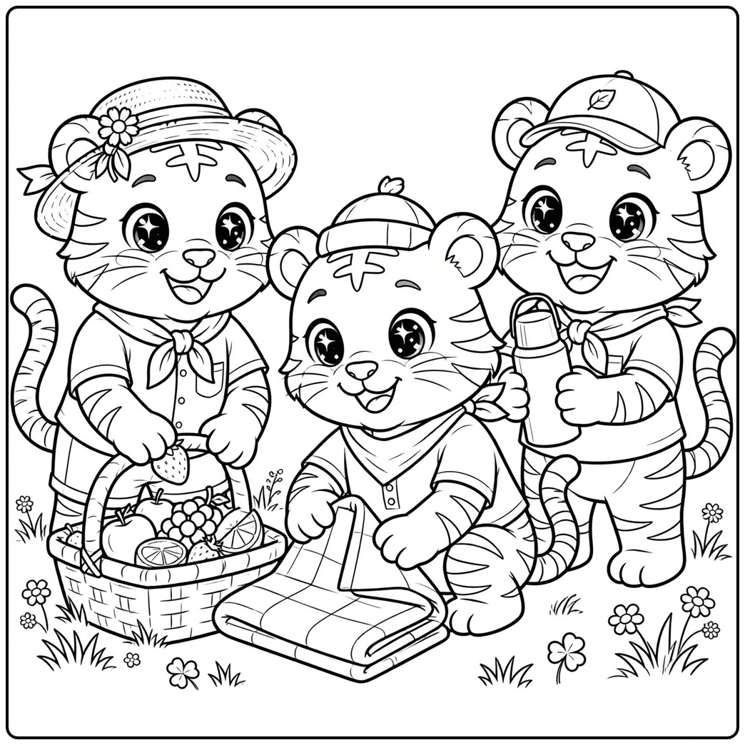 Three tigers preparing a picnic basket with fruit, blanket, and thermos