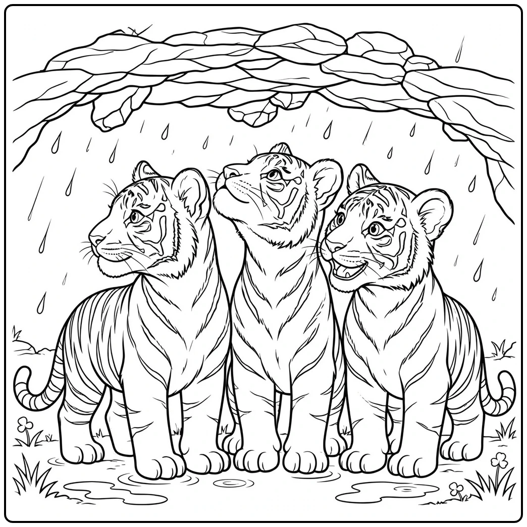 Three young tigers shelter together beneath a rocky ledge during gentle rain