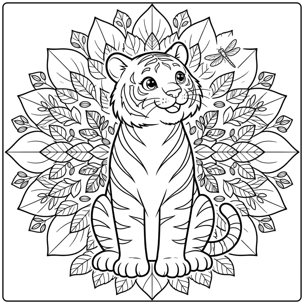 Young tiger centered in a leafy tiger mandala coloring page with a small dragonfly