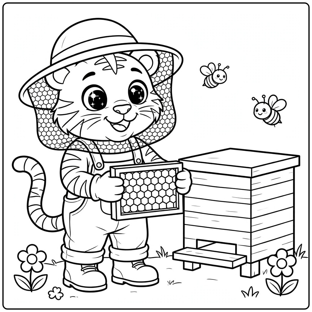 Young tiger beekeeper holding a honeycomb frame beside a hive and two bees