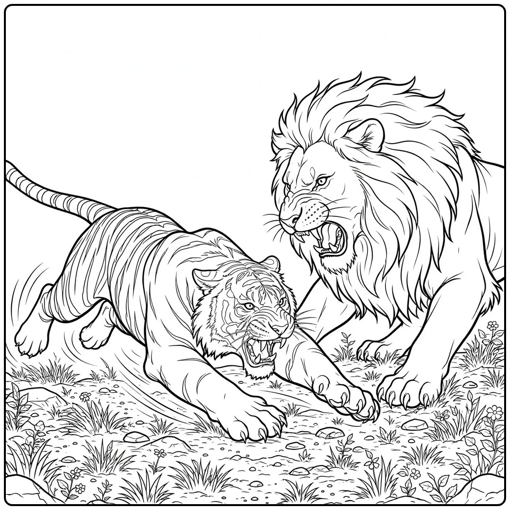 Charging tiger confronts a roaring lion in a lion and tiger fighting coloring page