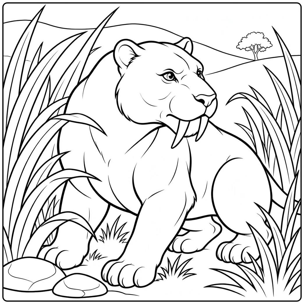 Saber tooth tiger crouching in tall grass with rocky hills stretching behind