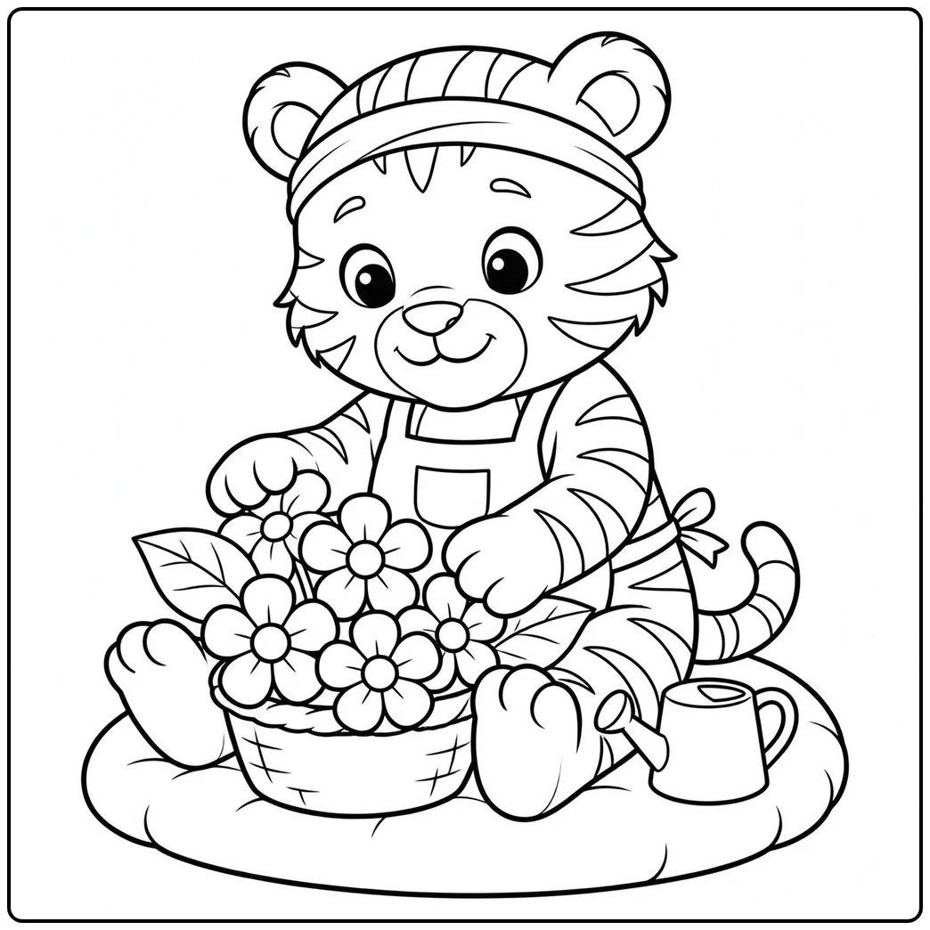 Young tiger arranges flowers in a basket while sitting beside a small watering can