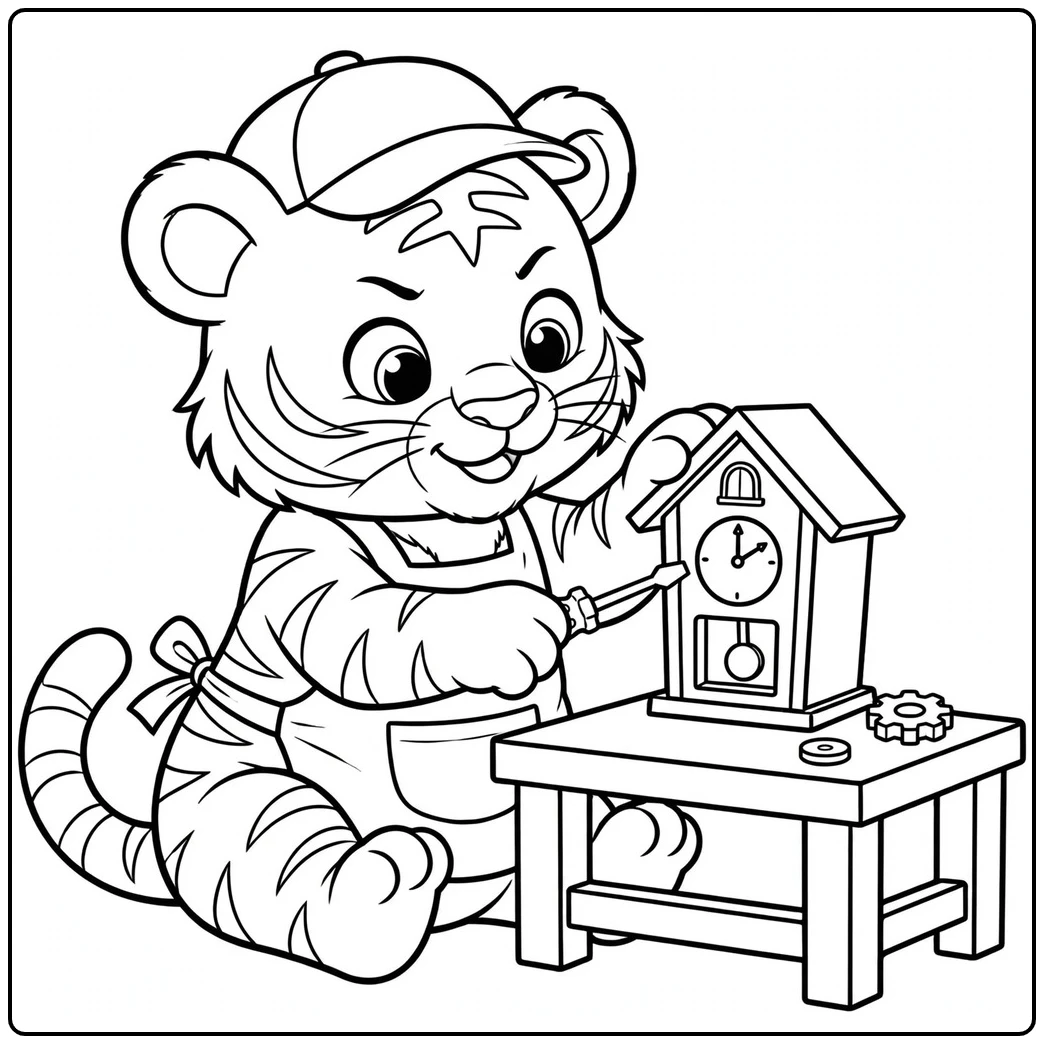 Smiling cub repairs a small wooden clock at a low workbench with a tiny gear