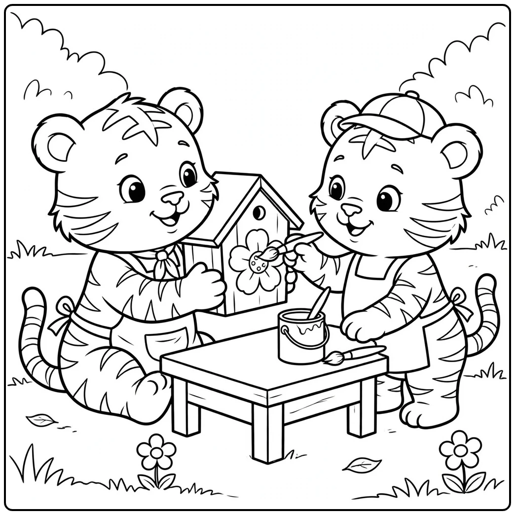 Two dressed cubs paint a birdhouse in a tiger coloring page with a low craft table