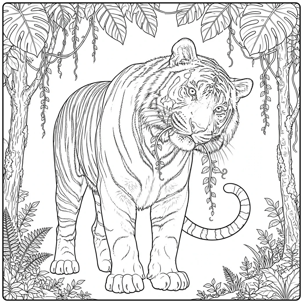 Curious adult tiger standing in dense jungle while gently holding a hanging vine