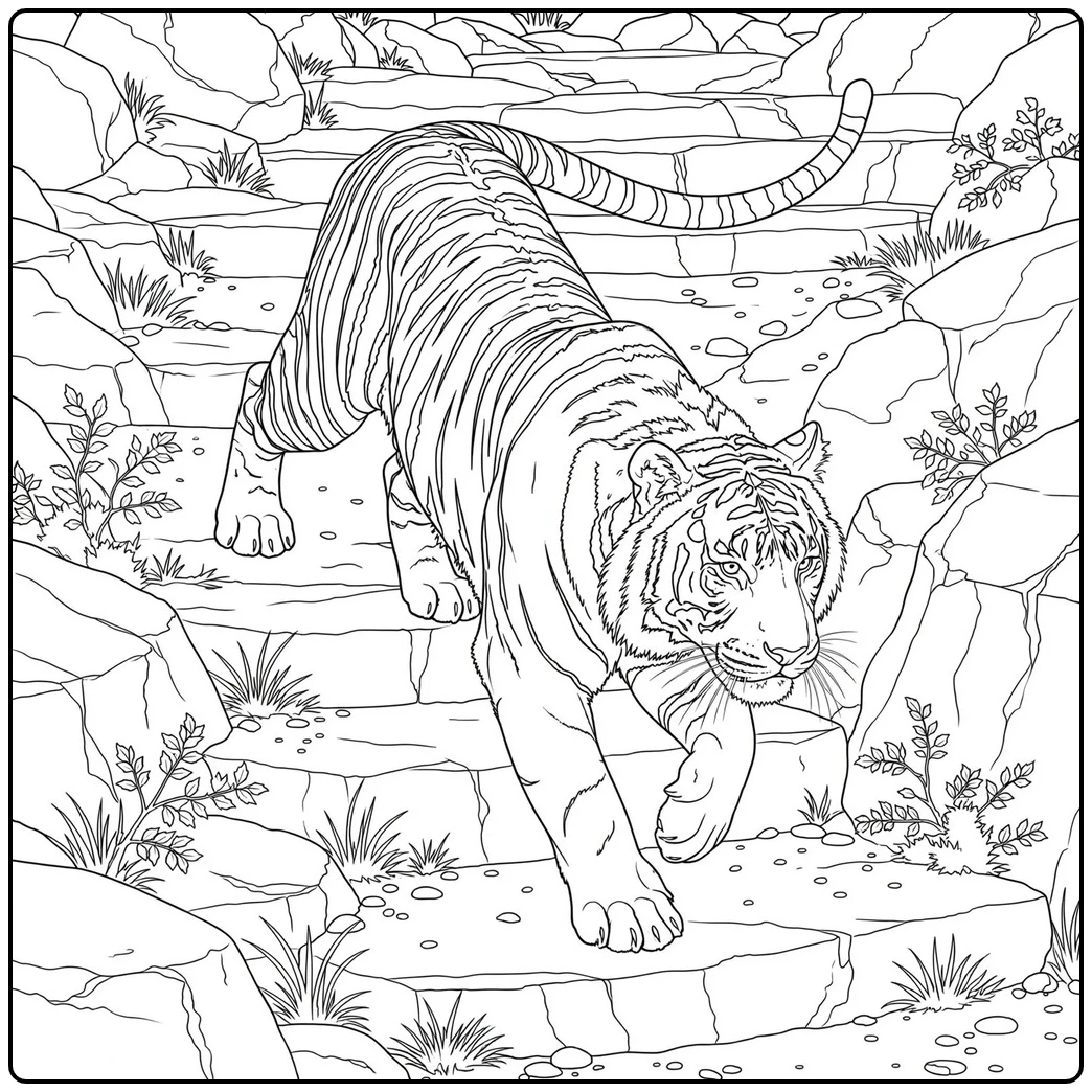 Rocky descent scene in a realistic tiger coloring page with one adult tiger