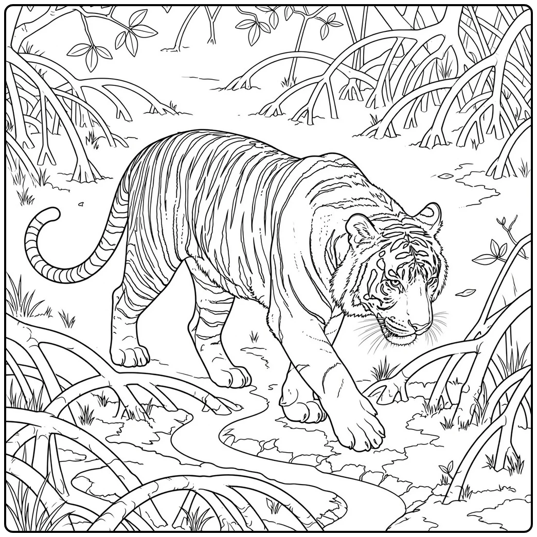 Large tiger moving through mangrove roots along a winding muddy channel