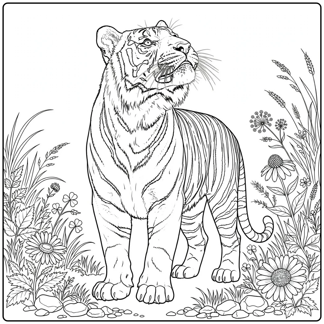 Adult tiger lifting its head in a wildflower meadow, tiger coloring page for adults