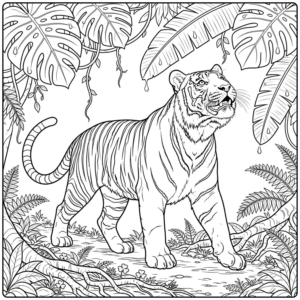 A tiger in jungle coloring page walking beneath broad rain-covered tropical leaves