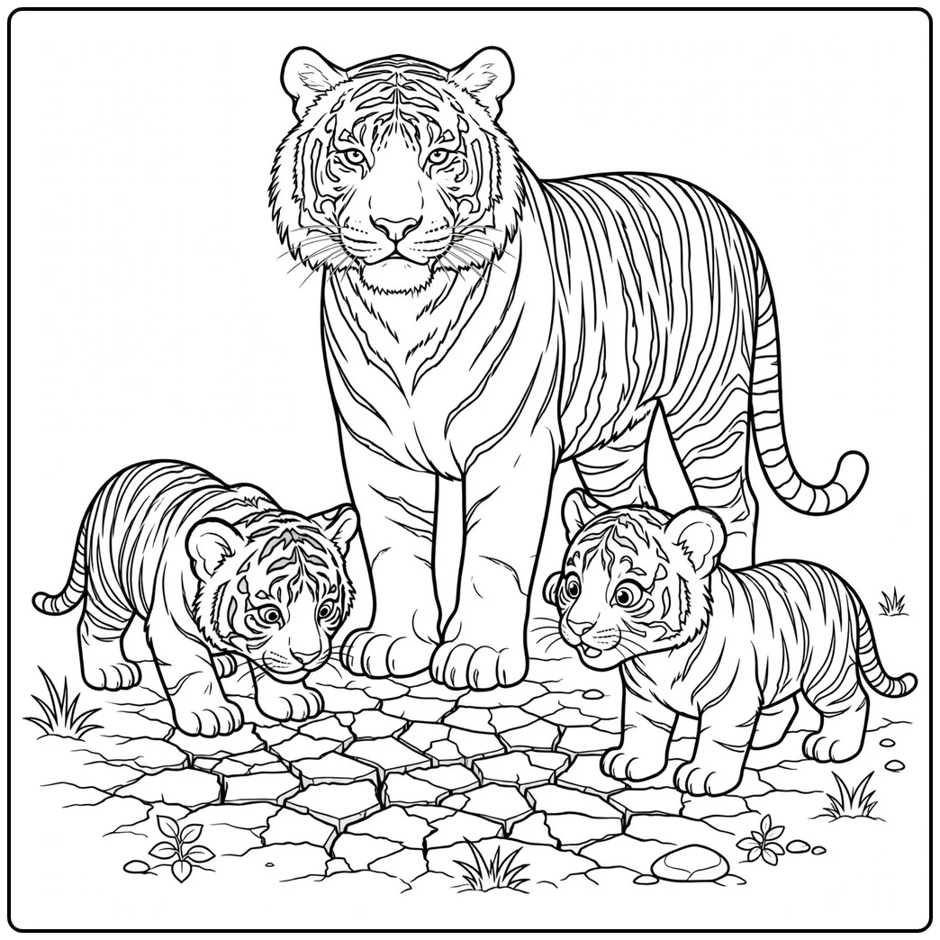 Adult tiger with two cubs studying cracked ground on a tiger family coloring page