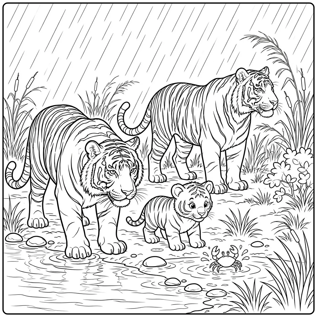 Two adults and one cub search a rainy riverbank in a tiger coloring page with a crab