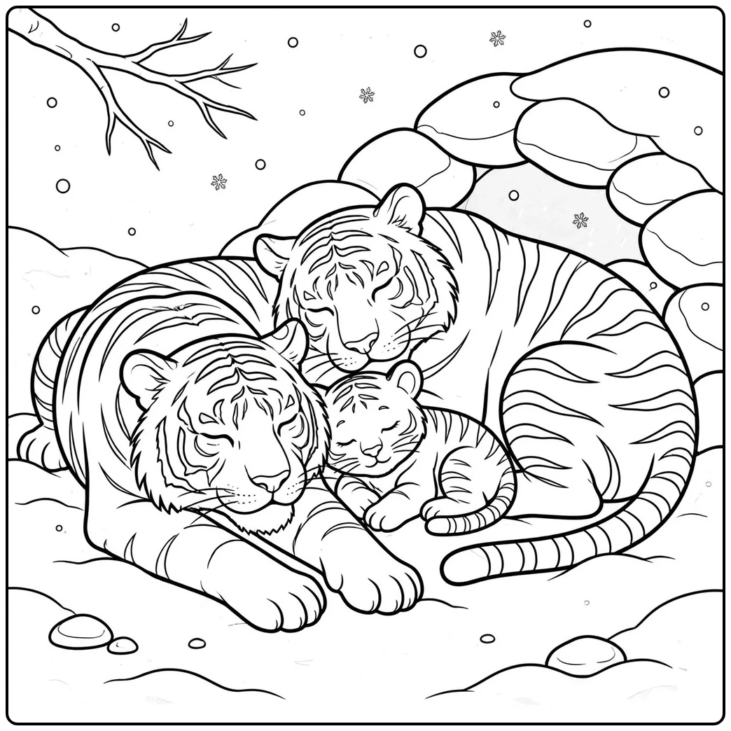 Two adult tigers and one cub sleep closely together beside a snowy rock shelter