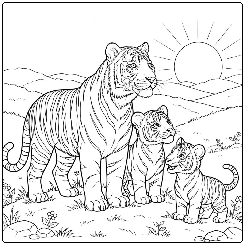 Tiger mother and two cubs stand on a grassy hill as the sun rises behind distant hills