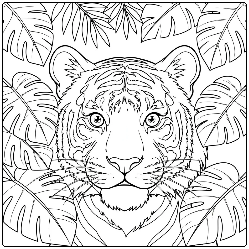 Centered tiger face framed by oversized tropical leaves and detailed whiskers