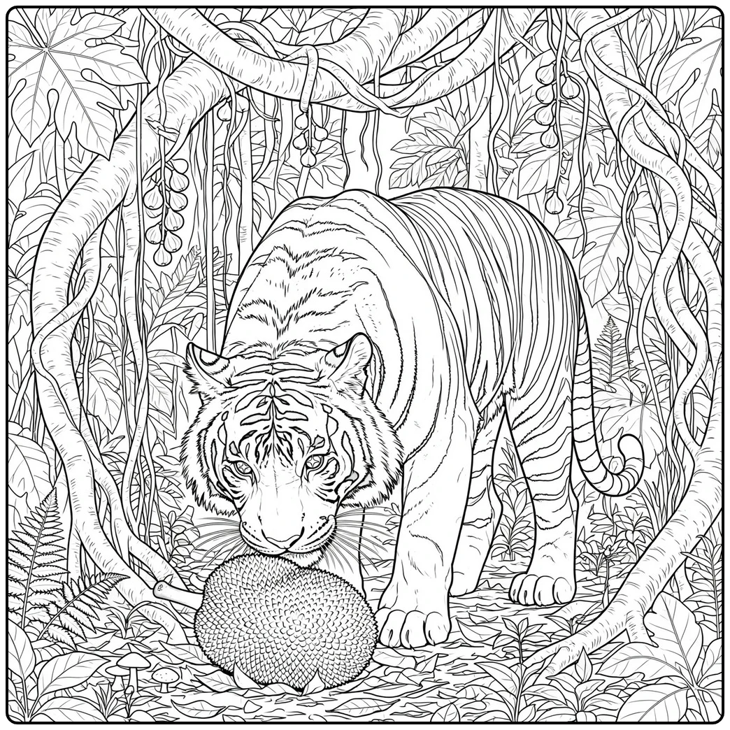 Adult tiger sniffing a fallen jackfruit in a hard tiger coloring page of tangled roots