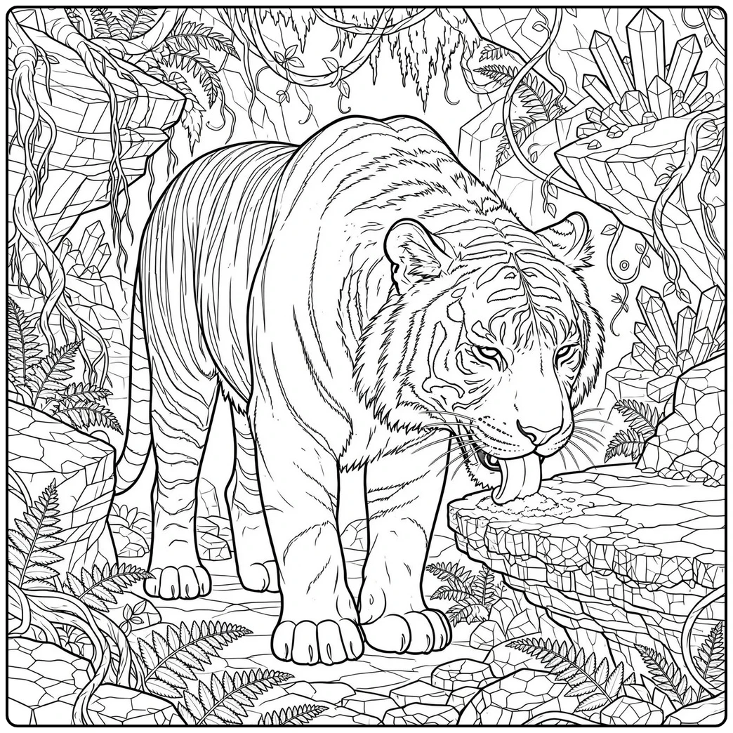 Adult tiger licking a rocky mineral ledge among crystals, ferns, and hanging vines