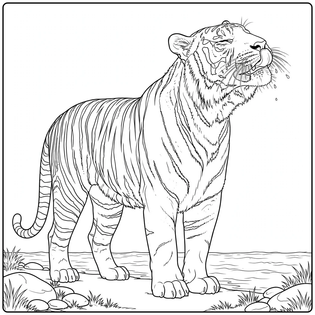 Adult tiger licking water from its whiskers beside a quiet stream