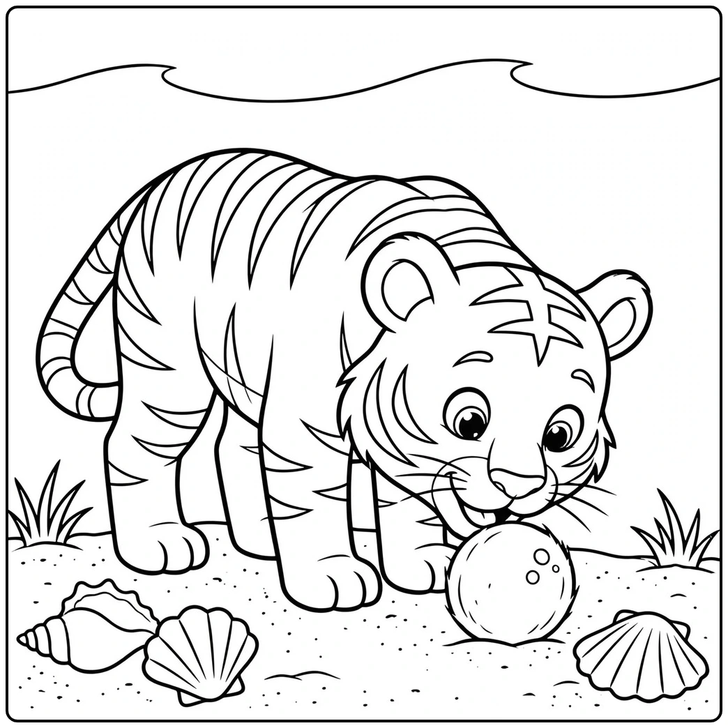 Tiger nudging a coconut on the sand in an easy tiger coloring page