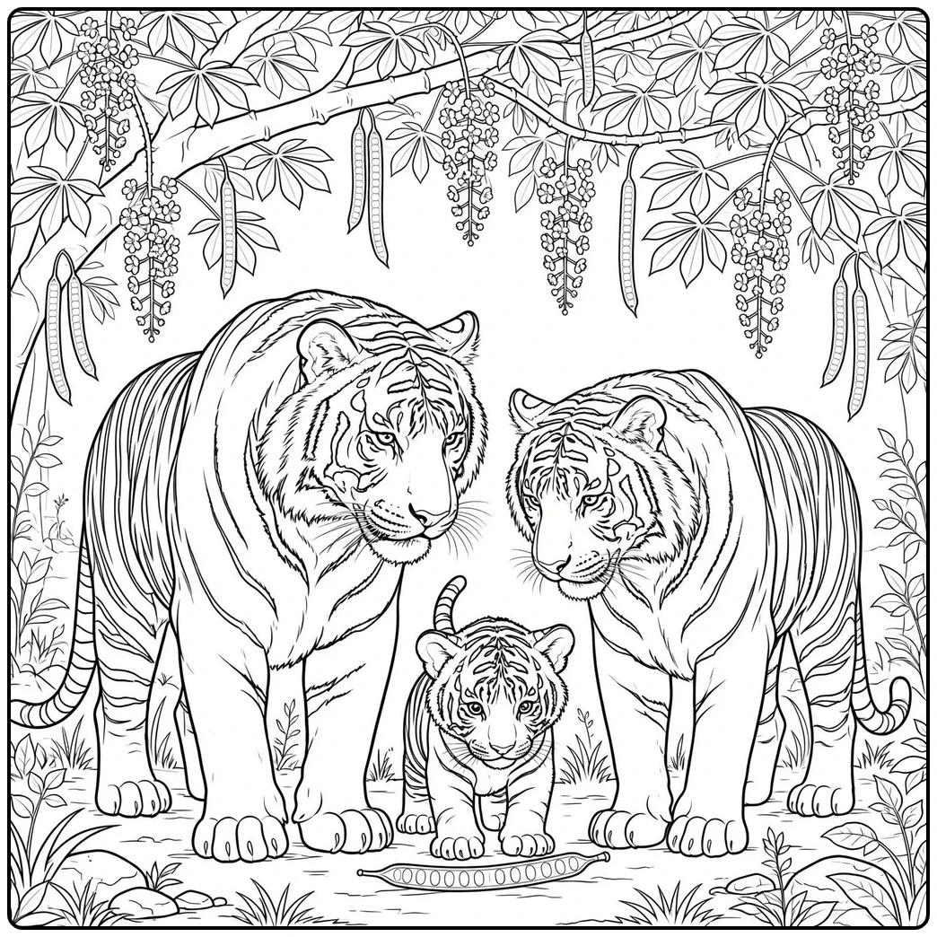 Two adult tigers flank a small cub beneath hanging blossoms and long seed pods