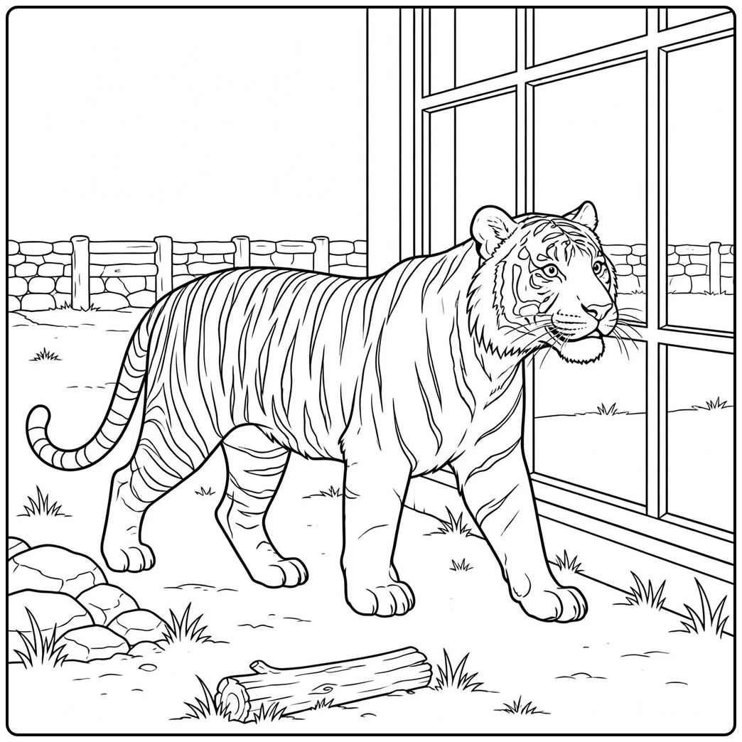 Adult tiger walks beside a viewing window in this tiger in zoo coloring page