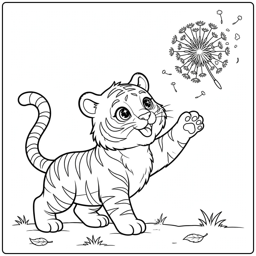Tiger reaching toward a drifting dandelion seed with a bright, curious face