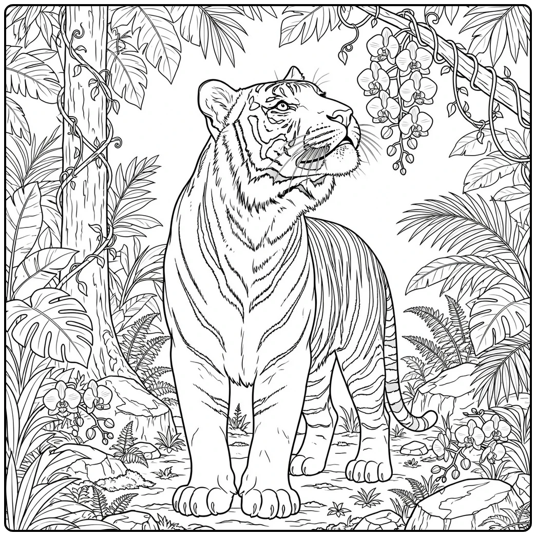 Adult tiger stretches toward hanging orchids in a dense tropical forest scene