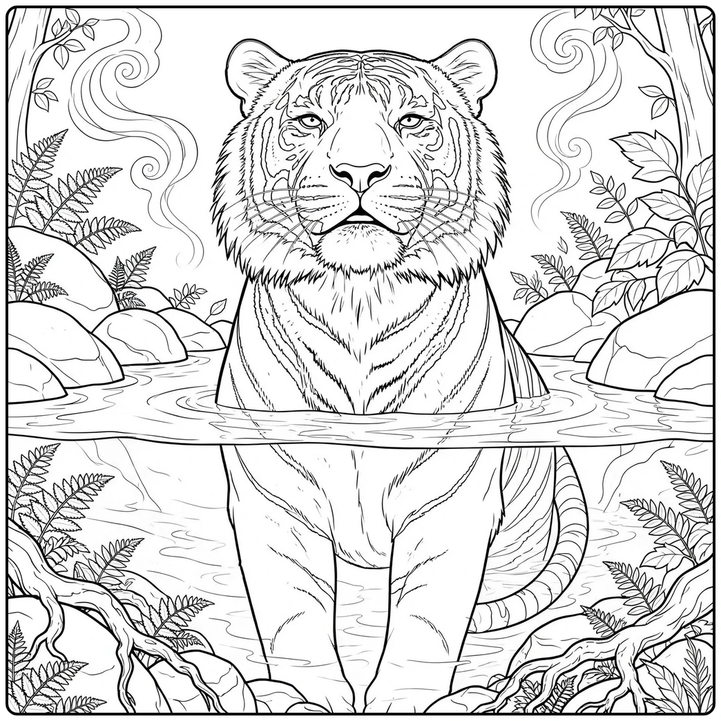 Relaxed tiger standing chest-deep in a forest hot spring surrounded by rocks and ferns
