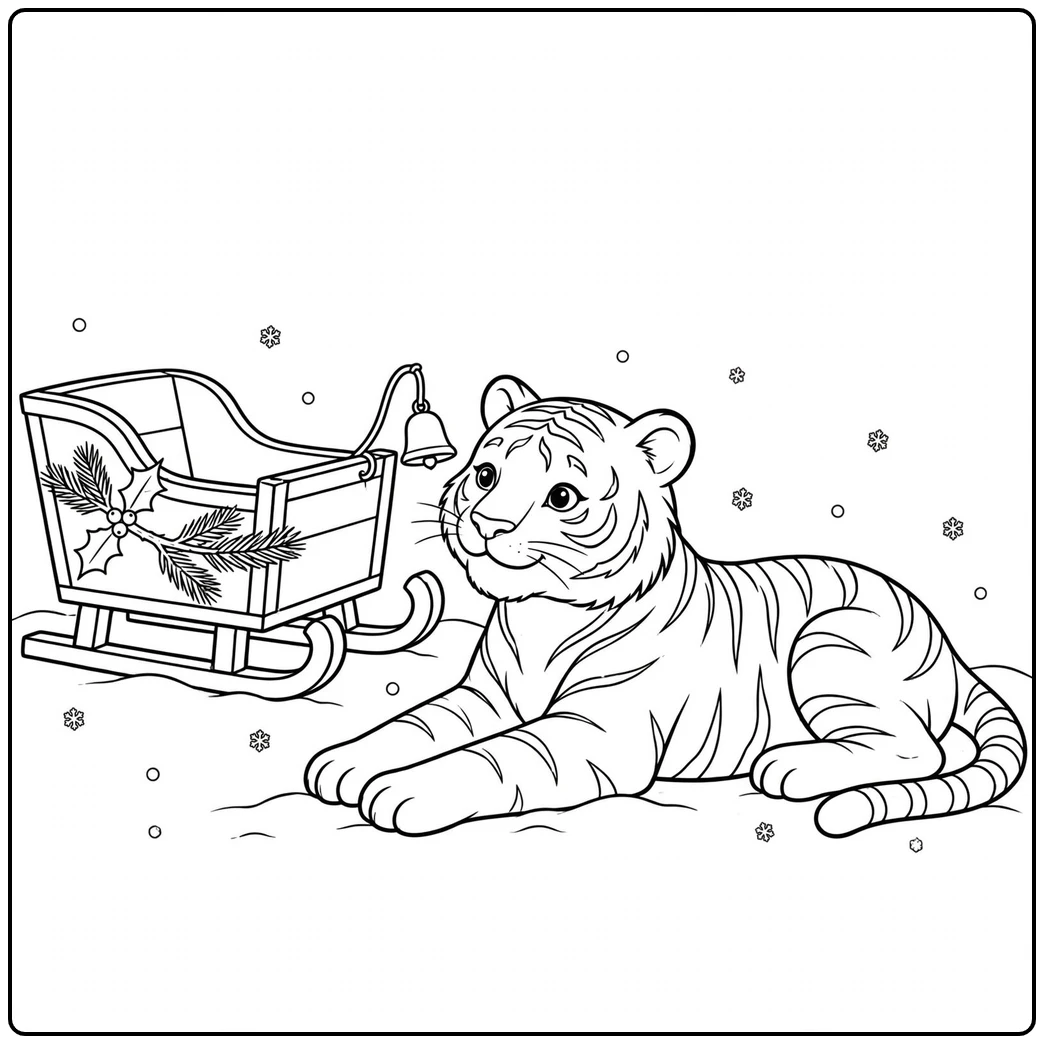 Resting tiger beside a wooden Christmas sleigh decorated with holly and a hanging bell