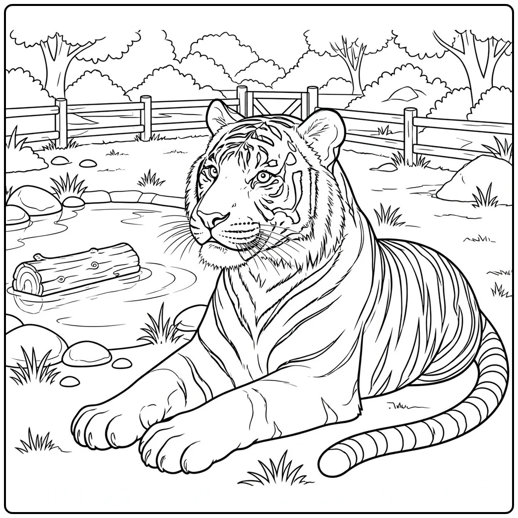 Resting tiger lies beside a zoo pond with a floating log, rocks, grass, and fencing