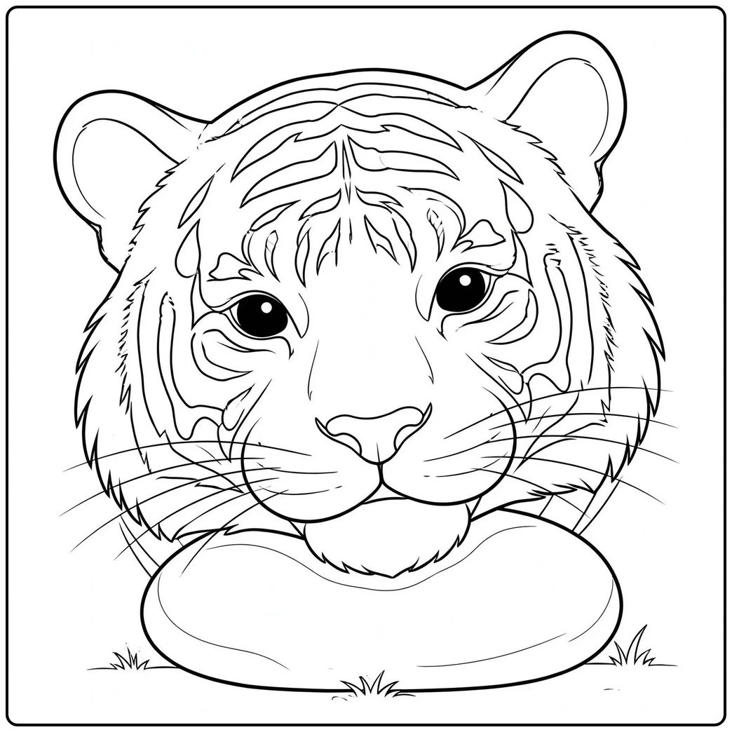 Soft-eyed tiger head resting its chin on a smooth oval stone with long whiskers