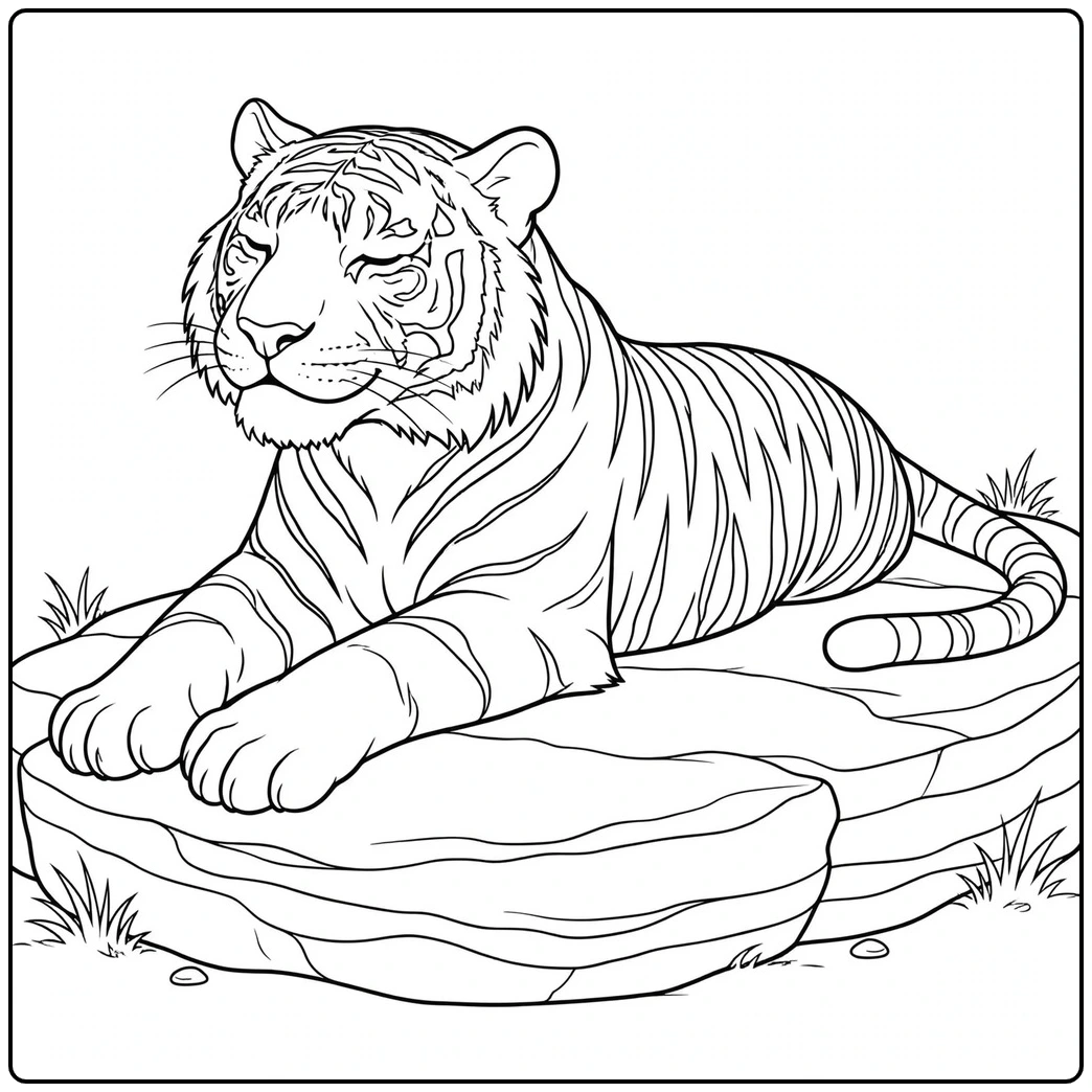 Relaxed tiger on a wide rock in a tiger coloring page for kids