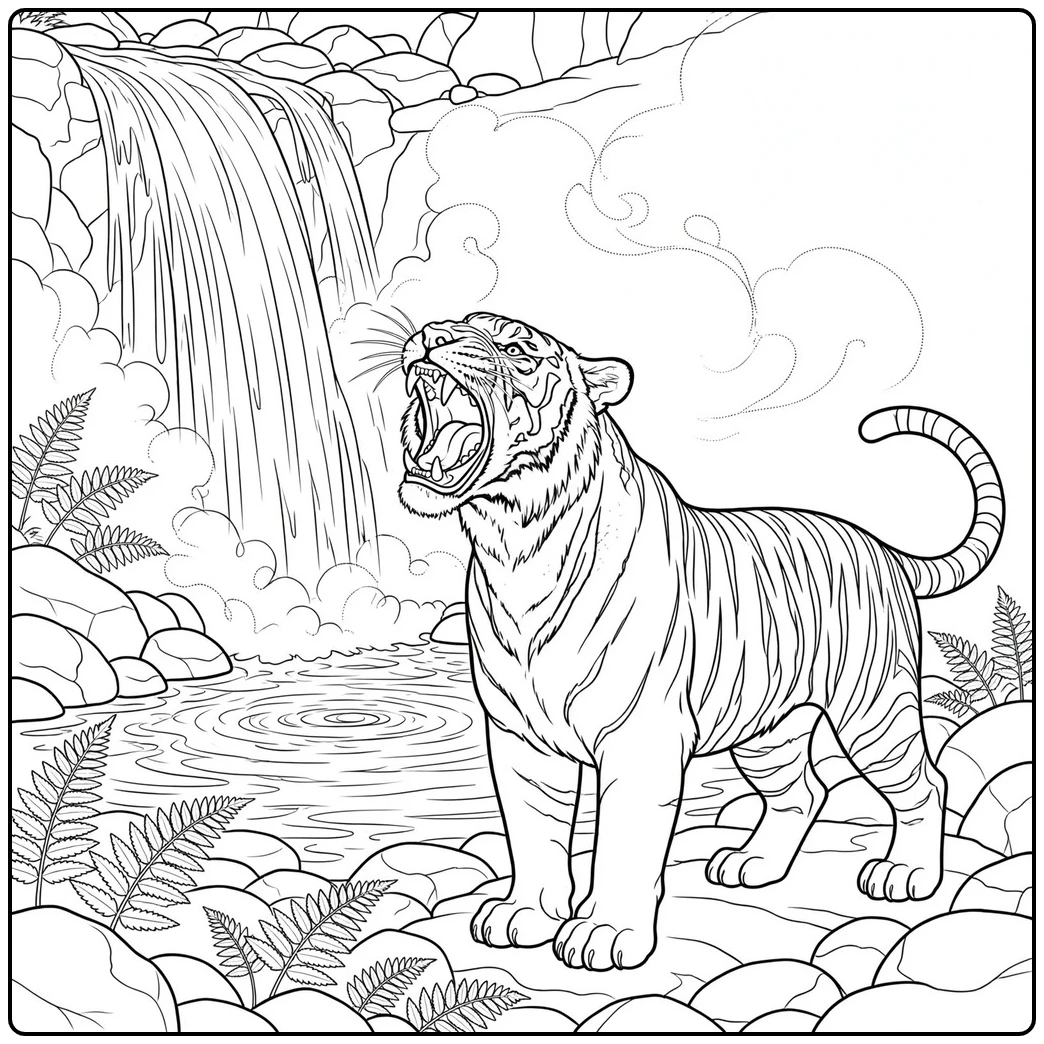 Roaring tiger coloring page beside a waterfall with open jaws and visible fangs