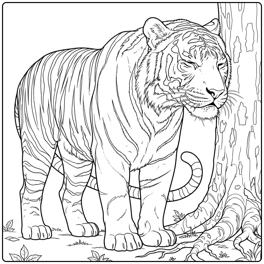 Tiger rubbing its cheek on a tree in a realistic tiger coloring page