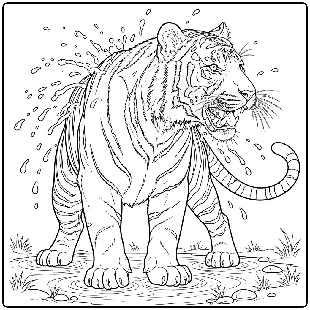 Adult tiger shaking water from its fur with droplets flying around its body