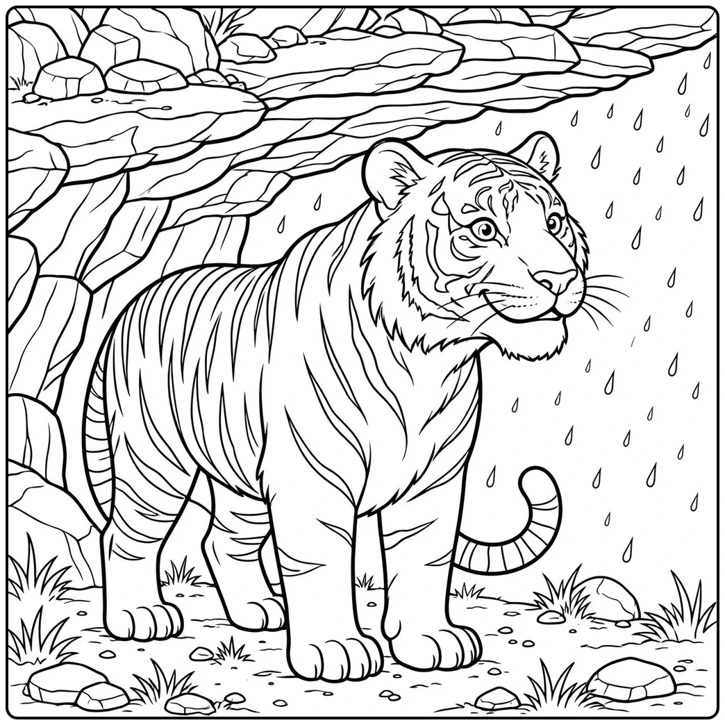 Tiger coloring page for kids with one tiger sheltered beneath a rocky ledge