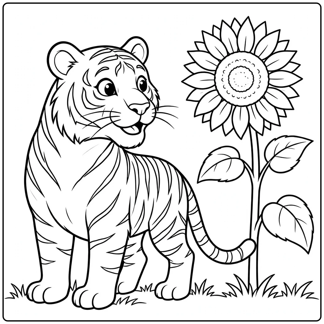 Adult tiger beside a tall sunflower in a simple tiger coloring page for young kids