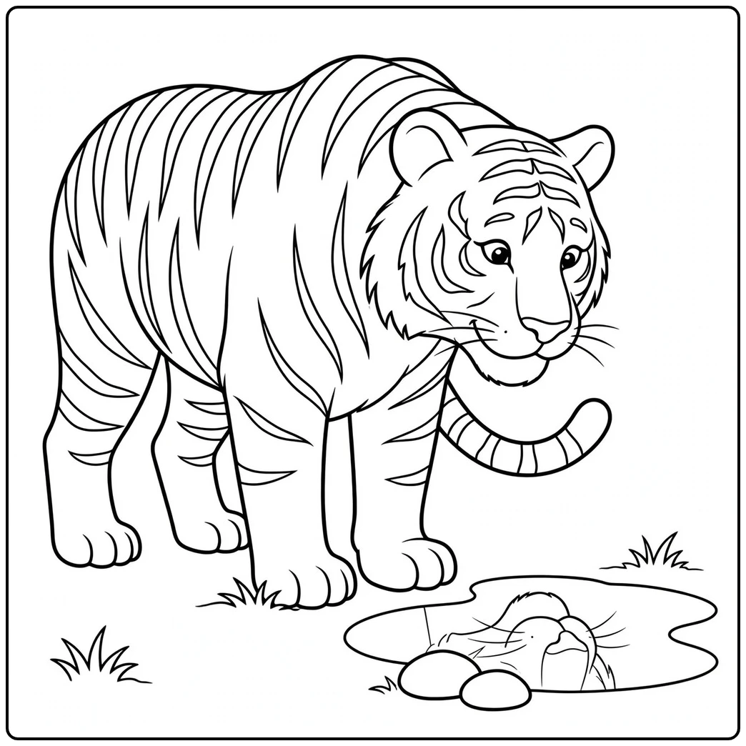 Standing tiger studies a small puddle with stones and a simple reflection below