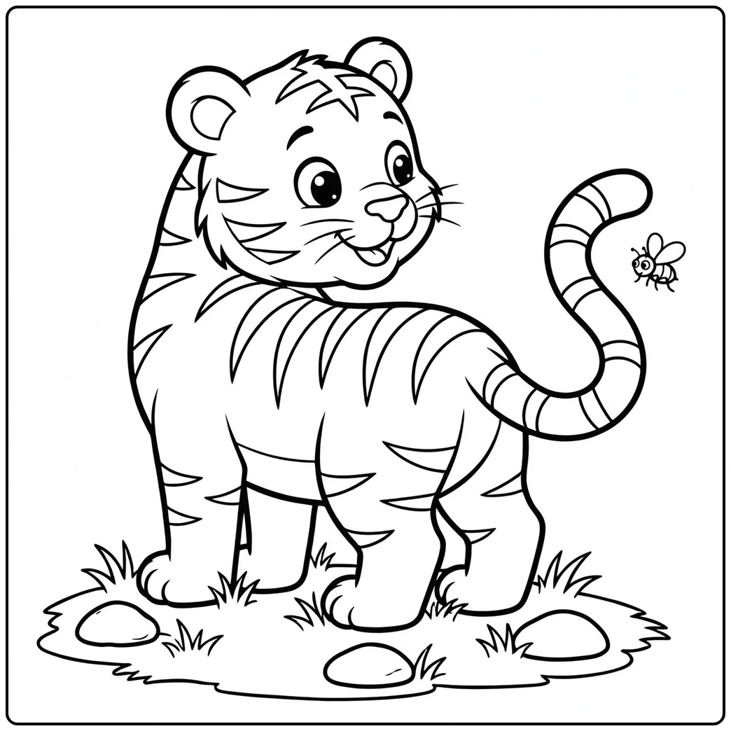 Smiling tiger turns toward a tiny fly hovering beside its curled striped tail