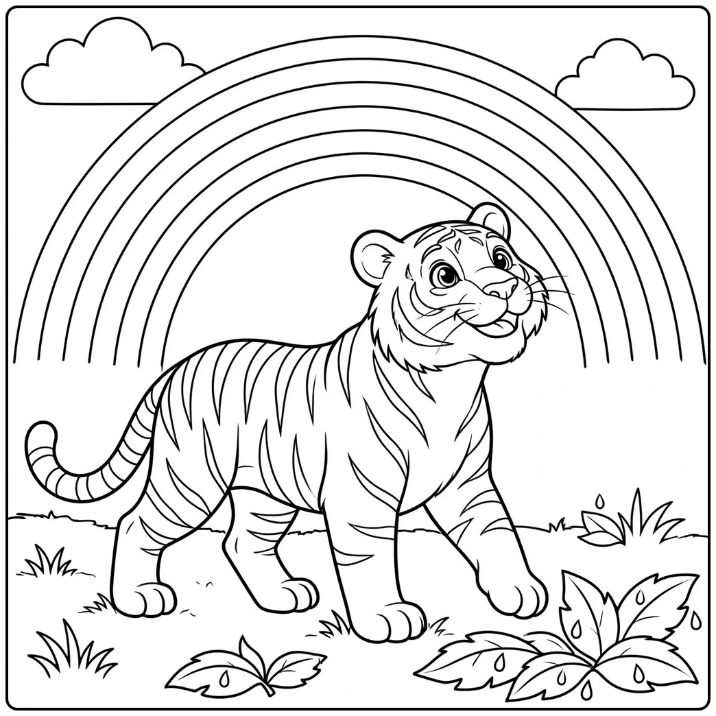 Smiling tiger walks beneath a large rainbow arch with clouds and raindrops on leaves