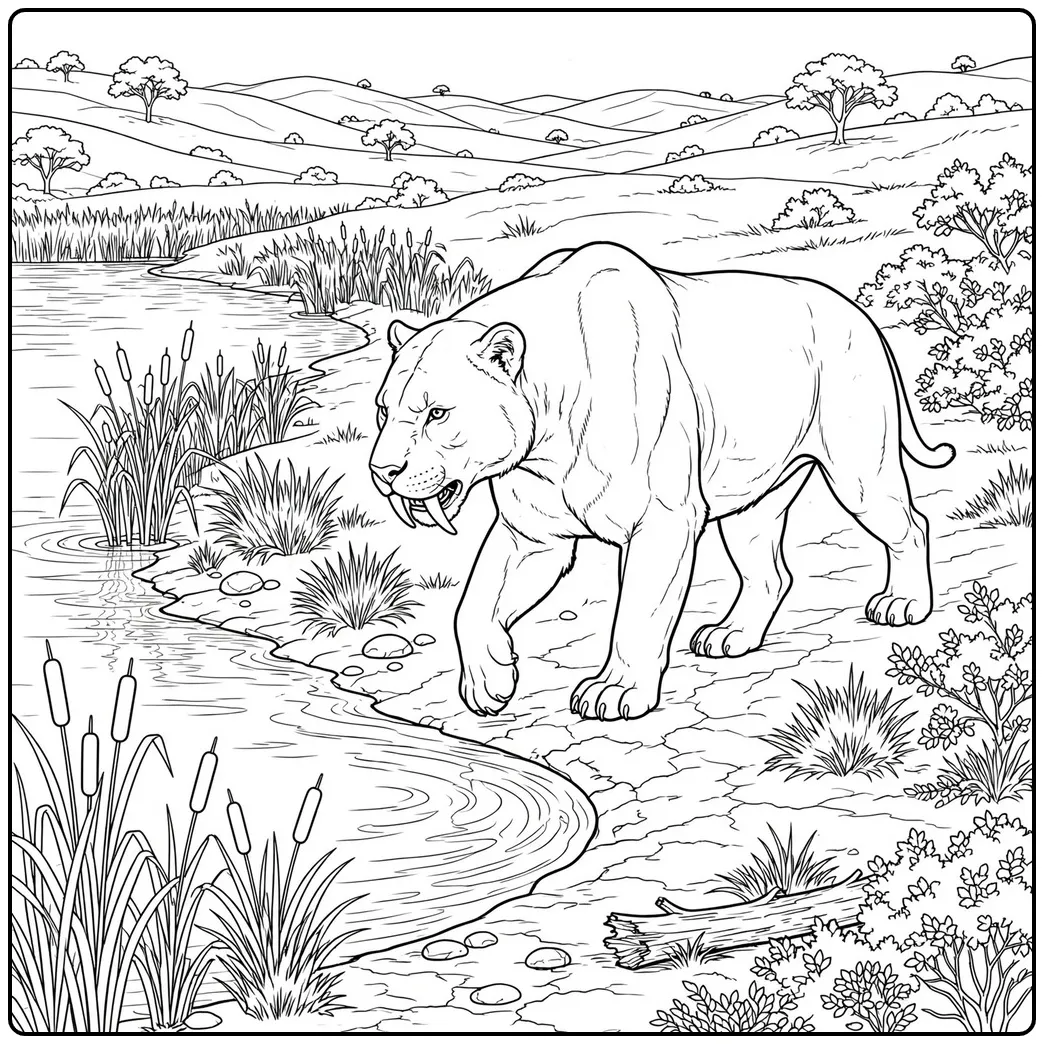 A realistic saber tooth tiger coloring page walking beside a reed-lined prehistoric lake