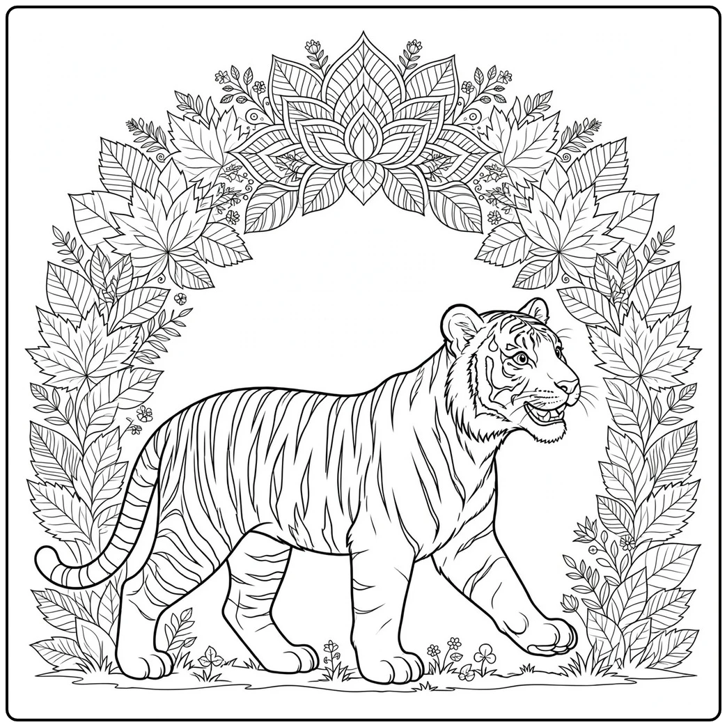Adult tiger walking beneath an ornate arch of layered leaves and floral patterns