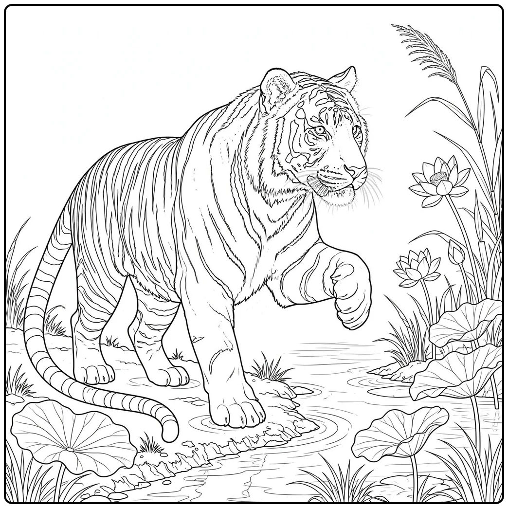 Adult tiger walking through lotus wetlands in a realistic tiger coloring page